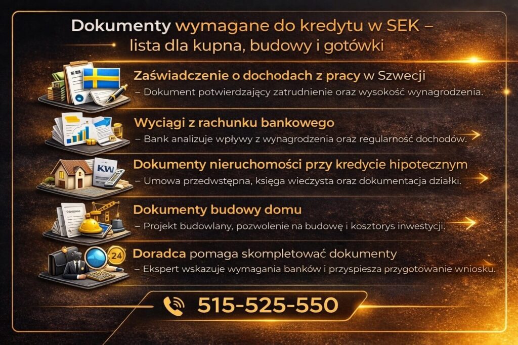 Infografika przedstawiająca dokumenty potrzebne do uzyskania kredytu hipotecznego w SEK na zakup lub budowę nieruchomości w Polsce. Grafika pokazuje zaświadczenie o dochodach ze Szwecji, wyciągi bankowe, dokumenty nieruchomości oraz wsparcie doradcy kredytowego w kompletowaniu dokumentów.