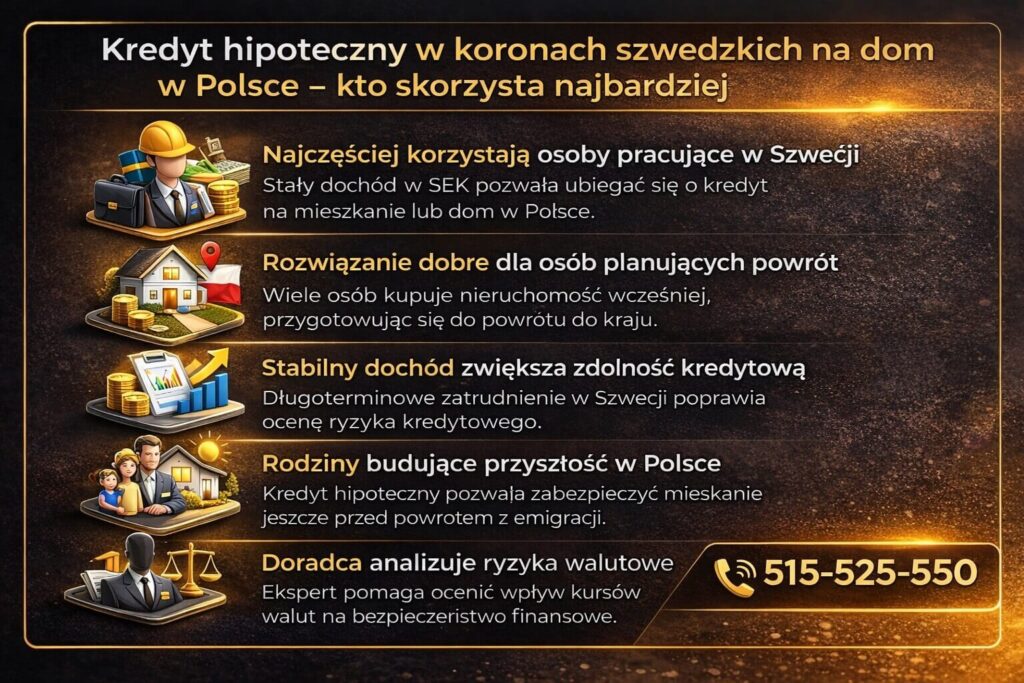 Grafika informacyjna wyjaśniająca kto najczęściej korzysta z kredytu hipotecznego w SEK na zakup domu lub mieszkania w Polsce. Infografika pokazuje osoby pracujące w Szwecji, stabilny dochód w koronach oraz znaczenie zdolności kredytowej przy finansowaniu nieruchomości.