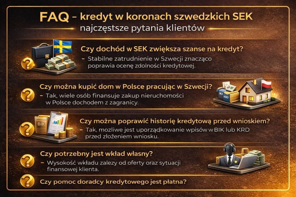 Infografika FAQ odpowiadająca na najczęstsze pytania dotyczące kredytu hipotecznego w SEK dla osób pracujących w Szwecji. Grafika wyjaśnia wpływ dochodu w koronach na zdolność kredytową, możliwość zakupu domu w Polsce oraz rolę doradcy kredytowego przy wniosku.