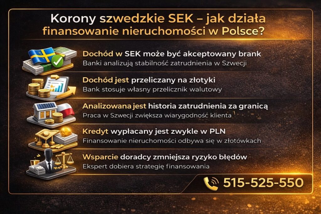 Schemat pokazujący jak działa kredyt hipoteczny dla dochodów w koronach szwedzkich przy zakupie nieruchomości w Polsce. Infografika przedstawia przeliczanie dochodu na złotówki, analizę zatrudnienia za granicą oraz wypłatę finansowania przez bank.
