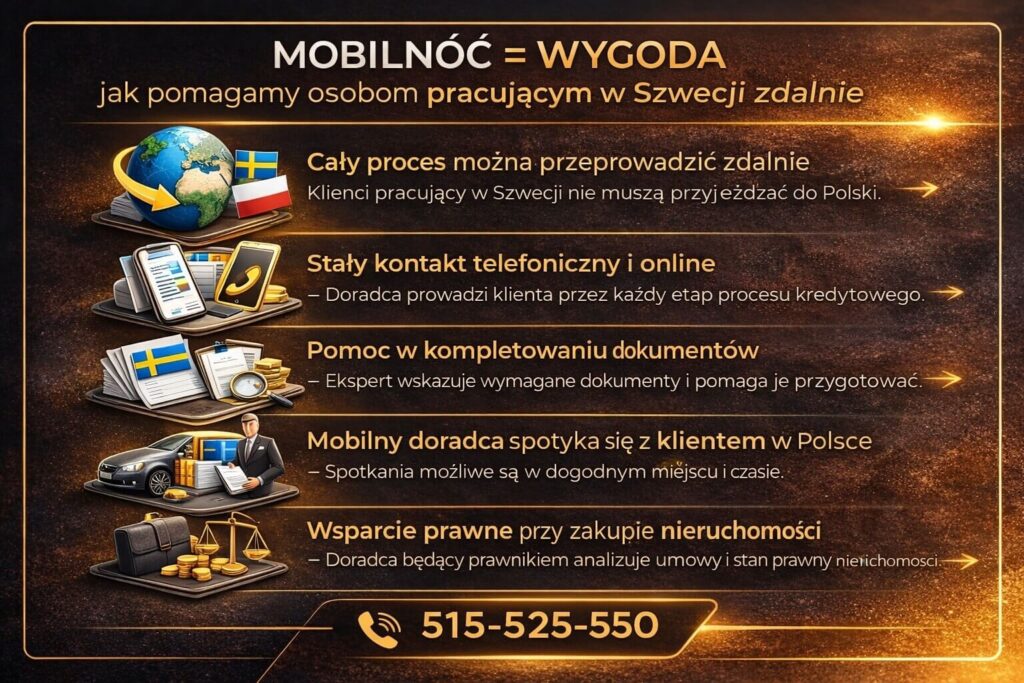Infografika pokazująca mobilne doradztwo przy kredycie hipotecznym dla osób pracujących w Szwecji. Grafika prezentuje możliwość prowadzenia procesu zdalnie, stały kontakt z doradcą, pomoc w kompletowaniu dokumentów oraz wsparcie prawne przy zakupie nieruchomości.