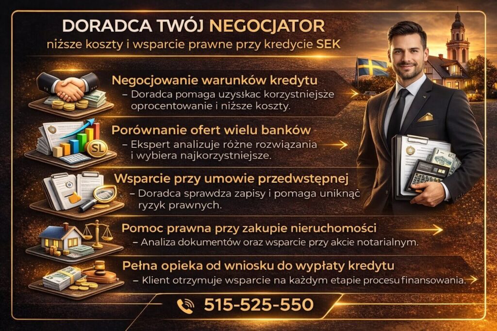 Grafika przedstawiająca rolę eksperta jako negocjatora przy kredycie mieszkaniowym dla dochodów w SEK. Infografika pokazuje analizę ofert banków, negocjowanie warunków kredytu hipotecznego oraz wsparcie prawne przy umowie przedwstępnej i zakupie nieruchomości.