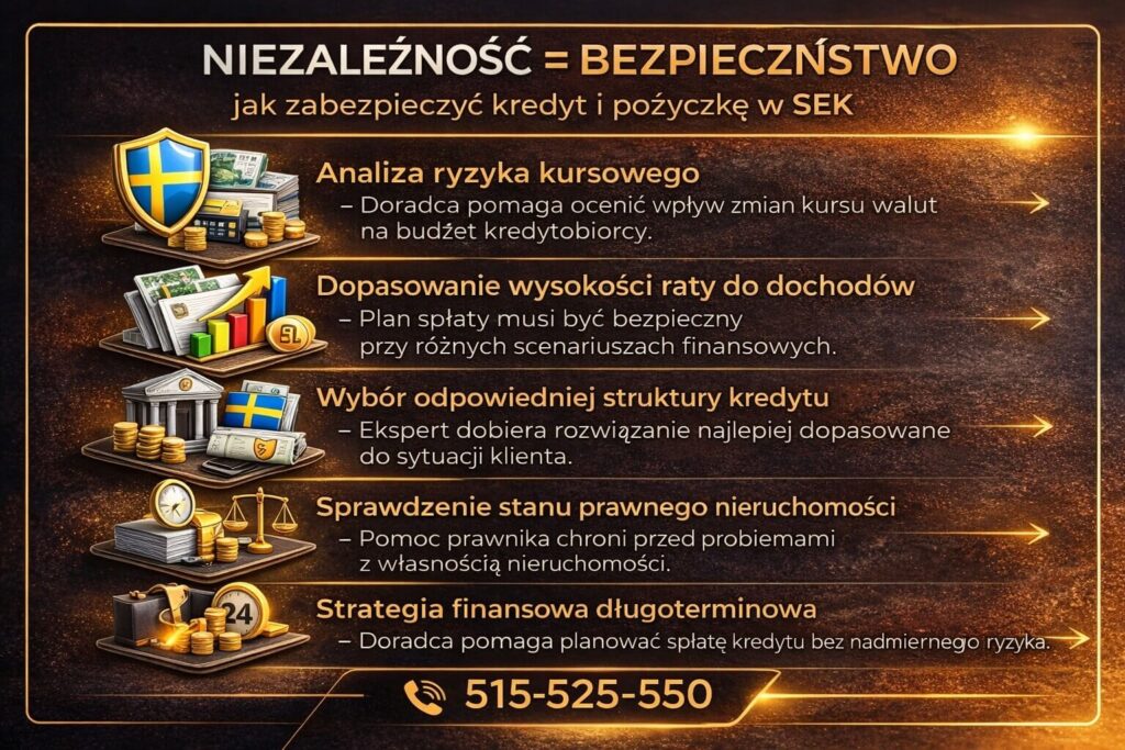 Infografika wyjaśniająca jak zwiększyć bezpieczeństwo przy kredycie na nieruchomość finansowanym dochodem w koronach szwedzkich. Grafika przedstawia analizę ryzyka kursowego, dopasowanie raty do dochodów oraz sprawdzenie stanu prawnego nieruchomości.