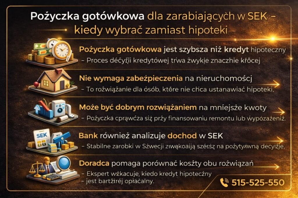 Infografika porównująca pożyczkę gotówkową dla osób zarabiających w SEK z kredytem hipotecznym. Grafika pokazuje szybszą decyzję kredytową, brak zabezpieczenia na nieruchomości oraz sytuacje, w których finansowanie gotówkowe może być korzystną alternatywą.