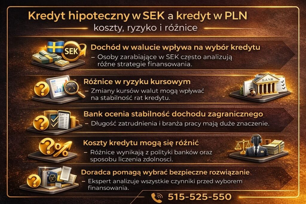 Infografika porównująca kredyt hipoteczny w koronach szwedzkich i kredyt w złotówkach przy zakupie nieruchomości w Polsce. Grafika pokazuje różnice w kosztach, ryzyku kursowym oraz znaczenie stabilności dochodów zagranicznych przy ocenie przez bank.