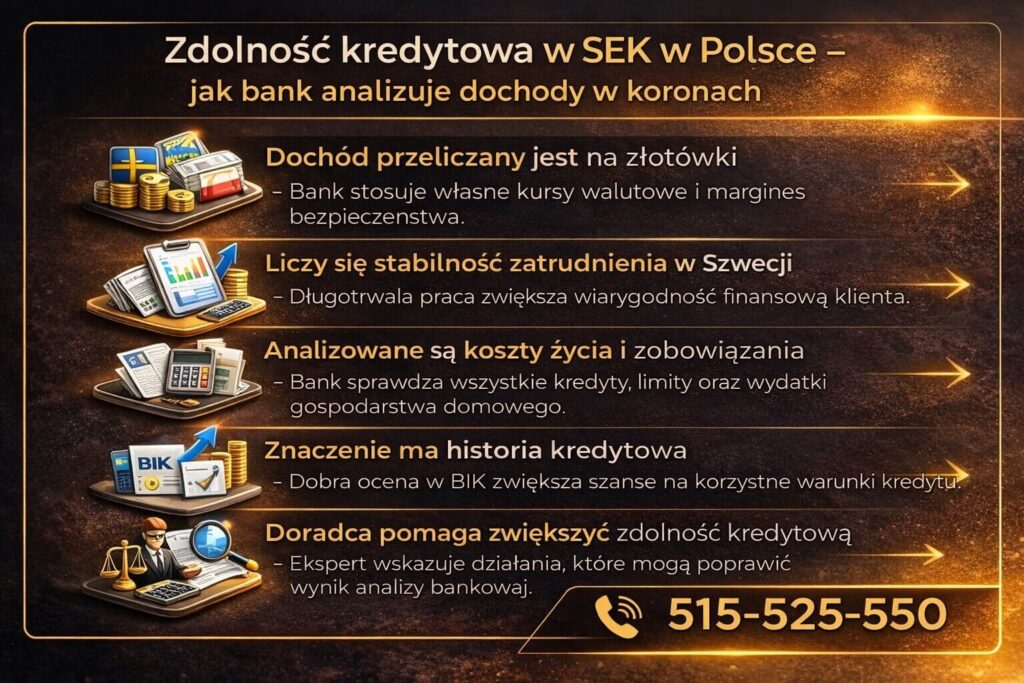 Infografika wyjaśniająca jak bank oblicza zdolność kredytową przy dochodach w SEK. Grafika przedstawia przeliczanie waluty na złotówki, analizę stabilności zatrudnienia w Szwecji, ocenę historii kredytowej oraz znaczenie kosztów życia przy wniosku.