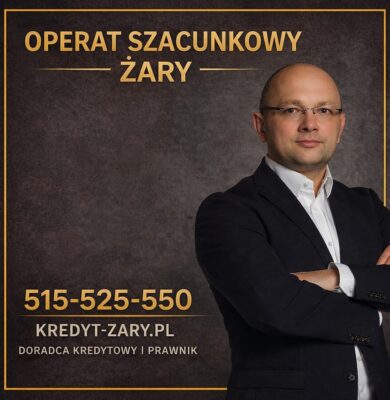 Grafika przedstawiająca operat szacunkowy Żary wykonywany przez doradcę kredytowego i prawnika. Wizerunek eksperta na tle miasta podkreśla profesjonalną wycenę nieruchomości do banku, sądu i urzędu, opartą na rzetelnej analizie rynku i bezpieczeństwie prawnym klienta.