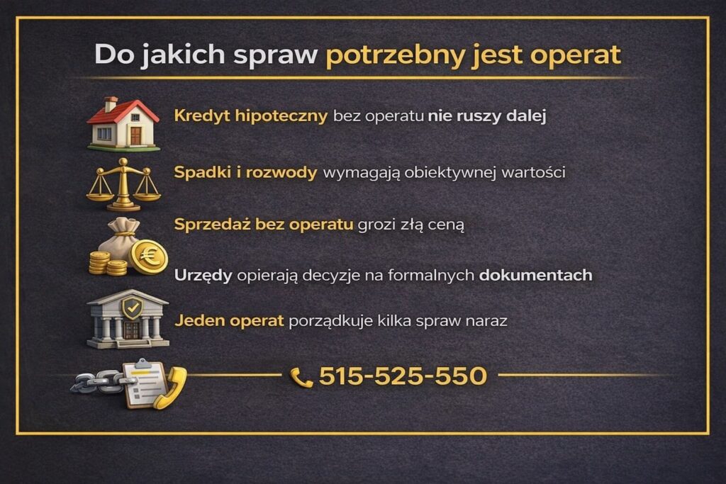 Infografika przedstawiająca do jakich spraw potrzebny jest operat szacunkowy Żary. Grafika pokazuje zastosowanie dokumentu przy kredycie hipotecznym, sprawach spadkowych, rozwodach, sprzedaży nieruchomości oraz decyzjach urzędowych opartych na formalnej wycenie.