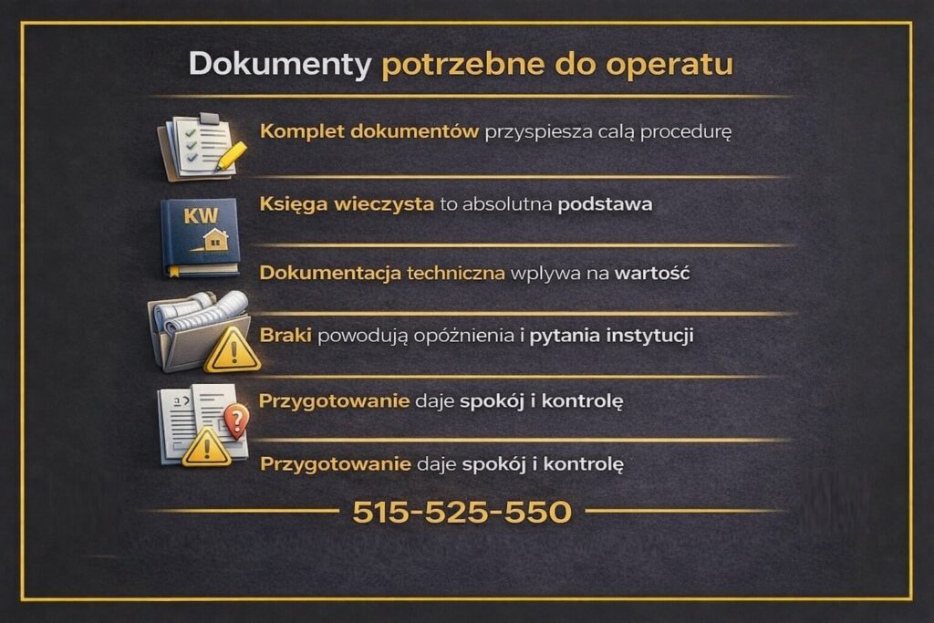 Grafika informacyjna pokazująca jakie dokumenty są potrzebne do operatu szacunkowego Żary. Widoczne elementy podkreślają znaczenie księgi wieczystej, dokumentacji technicznej oraz kompletności danych, która przyspiesza procedurę i ogranicza pytania instytucji.