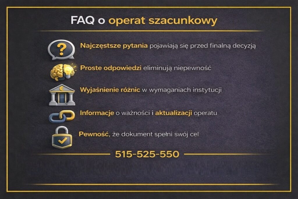 Infografika FAQ dotycząca operatu wyceny nieruchomości w Żarach. Grafika porządkuje najczęstsze pytania klientów, wyjaśnia różnice w wymaganiach instytucji, kwestie ważności dokumentu oraz aktualizacji operatu potrzebnego do banku lub urzędu.
