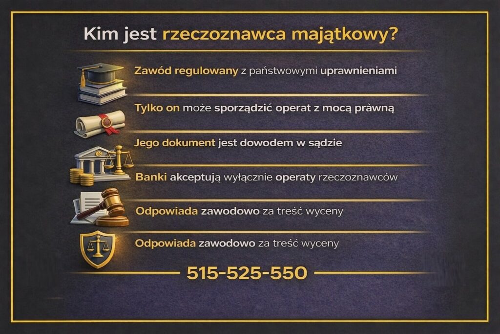 Grafika edukacyjna wyjaśniająca kim jest rzeczoznawca majątkowy sporządzający operat szacunkowy w Żarach. Infografika pokazuje, że jest to zawód regulowany, a jego dokument ma moc prawną i jest honorowany przez banki, sądy i instytucje publiczne.