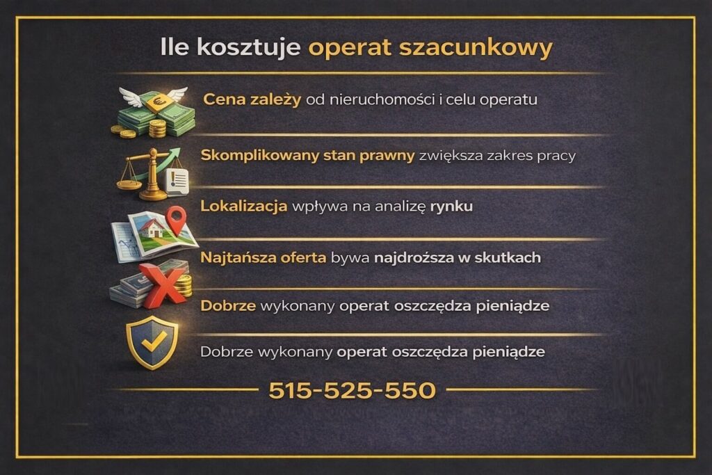 Infografika pokazująca ile kosztuje operat wyceny w Żarach oraz co wpływa na cenę usługi. Grafika wyjaśnia znaczenie celu operatu, stanu prawnego nieruchomości, lokalizacji oraz ryzyka wyboru najtańszej oferty bez odpowiedniej jakości dokumentu.