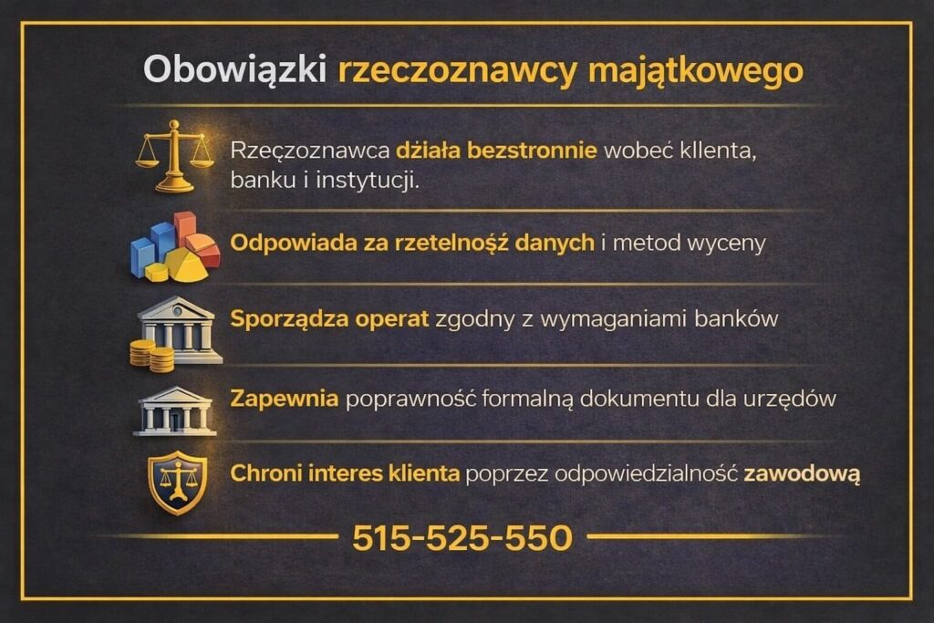 Grafika prezentująca obowiązki rzeczoznawcy wykonującego operat szacunkowy dla nieruchomości w Żarach. Infografika podkreśla bezstronność, odpowiedzialność zawodową, rzetelność danych oraz zgodność dokumentu z wymaganiami banków i urzędów.