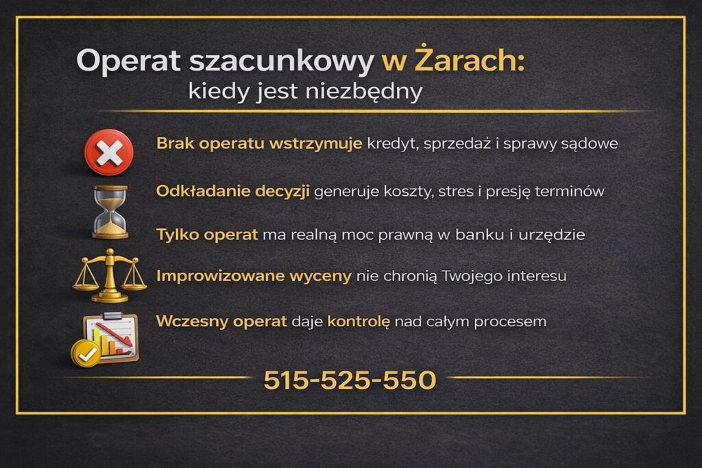 Infografika wyjaśniająca kiedy operat szacunkowy nieruchomości w Żarach jest niezbędny. Grafika pokazuje skutki braku operatu, ryzyko improwizowanych wycen oraz korzyści z wczesnego przygotowania dokumentu dającego kontrolę nad procesem.