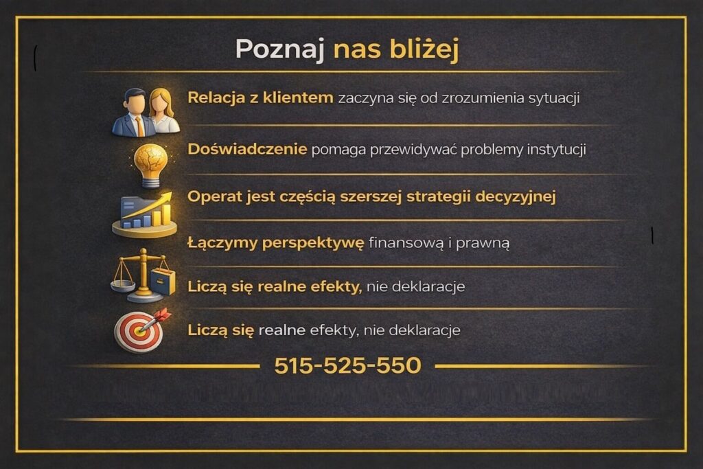 Grafika wizerunkowa przedstawiająca doświadczenie zespołu zajmującego się operatem wyceny w Żarach. Infografika podkreśla relację z klientem, łączenie perspektywy finansowej i prawnej oraz koncentrację na realnych efektach zamiast deklaracji marketingowych.