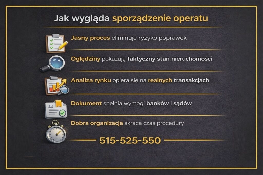 Infografika pokazująca jak wygląda sporządzenie operatu szacunkowego Żary krok po kroku. Grafika wyjaśnia znaczenie jasnego procesu, oględzin nieruchomości, analizy rynku opartej na realnych transakcjach oraz prawidłowej organizacji, która skraca czas procedury i ogranicza poprawki.