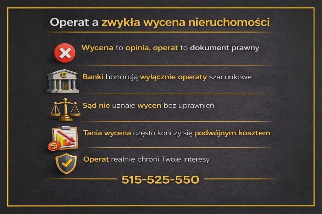 Grafika porównawcza wyjaśniająca różnice między operatem szacunkowym Żary a zwykłą wyceną nieruchomości. Infografika podkreśla, że operat jest dokumentem prawnym, honorowanym przez banki i sądy, a tania wycena bez uprawnień często prowadzi do podwójnych kosztów.