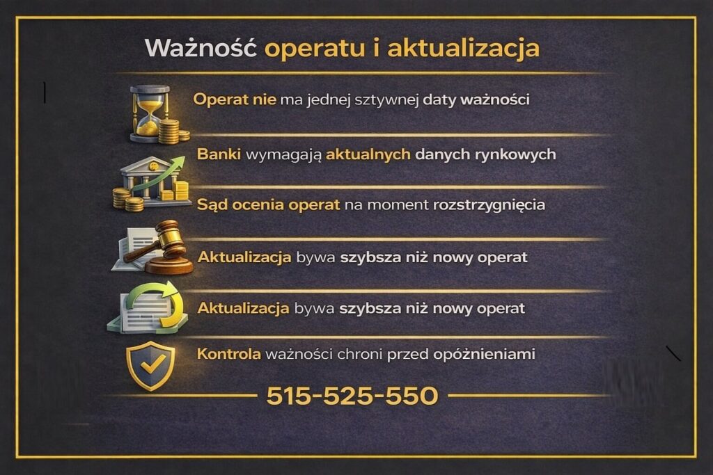 Infografika dotycząca ważności operatu szacunkowego Żary oraz jego aktualizacji. Grafika pokazuje, że operat nie ma jednej sztywnej daty ważności, banki wymagają aktualnych danych rynkowych, a kontrola ważności dokumentu chroni przed opóźnieniami w procedurach.