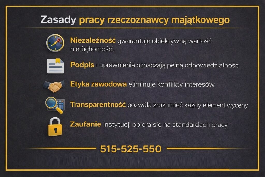 Infografika prezentująca zasady pracy rzeczoznawcy wykonującego wycenę nieruchomości w Żarach. Grafika podkreśla niezależność, etykę zawodową, pełną odpowiedzialność za dokument oraz transparentność, która pozwala zrozumieć każdy element wyliczenia wartości nieruchomości.