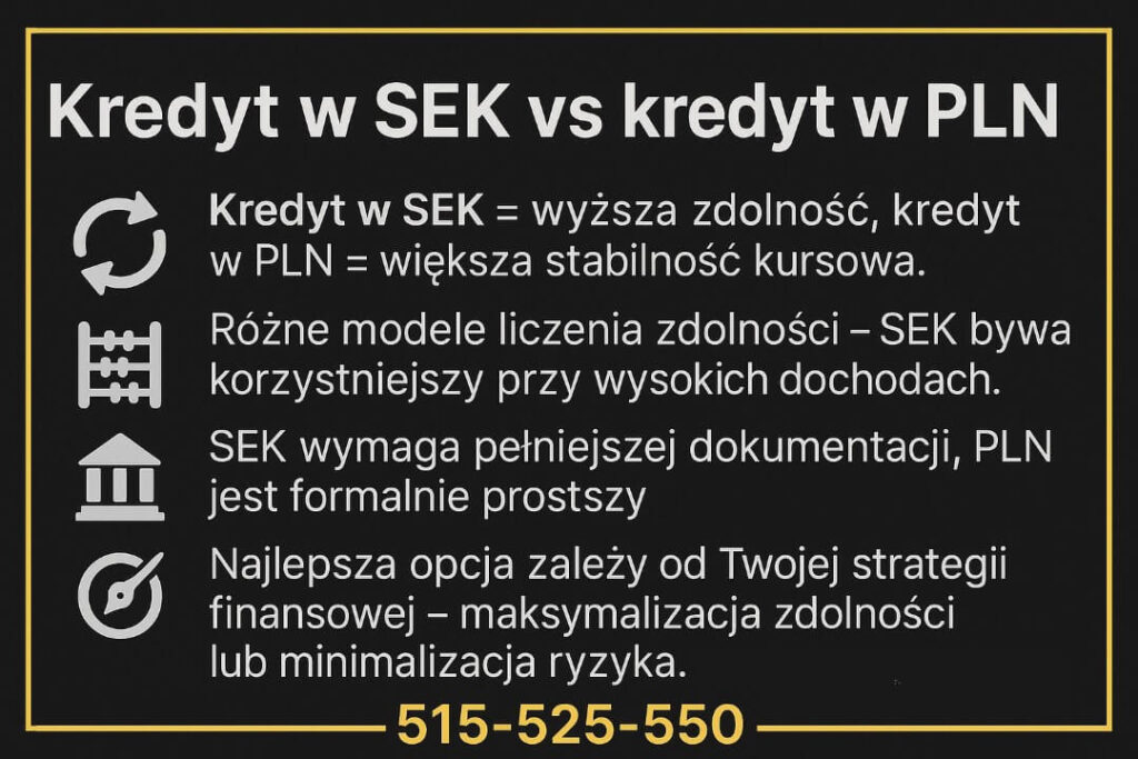 Grafika porównuje finansowanie nieruchomości w walucie SEK z kredytem w PLN, podkreślając różnice w zdolności kredytowej, stabilności kursowej, poziomie formalności oraz strategiach wyboru. Zawiera cztery punkty z ikonami oraz numer telefonu 515-525-550 jako CTA.