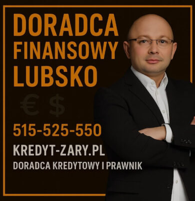 Doradca finansowy Lubsko na ciemnym tle – profesjonalna grafika prezentująca eksperta kredytowego i prawnika wraz z numerem telefonu 515-525-550. Materiał promuje bezpieczne doradztwo finansowe, analizę dokumentów, wsparcie w kredycie hipotecznym i poprawę zdolności kredytowej.