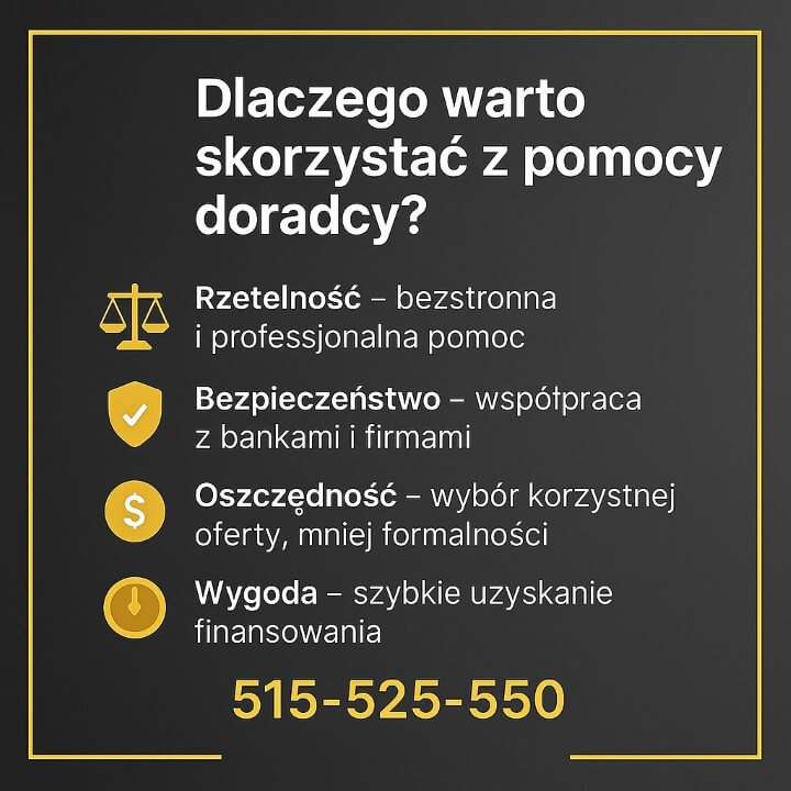 Grafika przedstawia najważniejsze korzyści, jakie oferuje doradca w Lubsku: rzetelność, bezpieczeństwo, oszczędność i wygodę. Materiał prezentuje kluczowe atuty współpracy z ekspertem kredytowym, podkreślając profesjonalne i bezstronne wsparcie klienta.