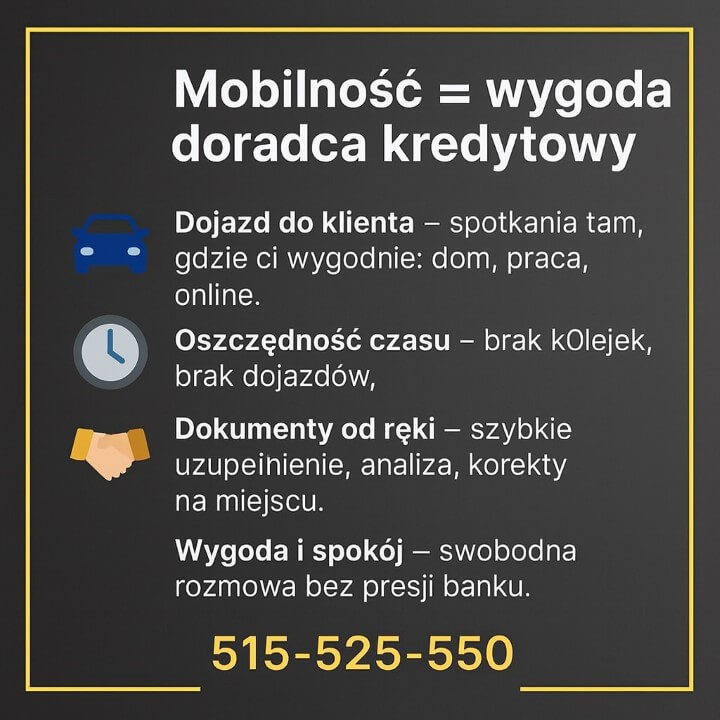 Infografika pokazuje, jak doradca finansowy Lubsko pracuje mobilnie, oferując dojazd do klienta, oszczędność czasu, dokumenty na miejscu i komfort rozmowy. Materiał podkreśla wygodę oraz elastyczność współpracy z ekspertem kredytowym obsługującym mieszkańców regionu.