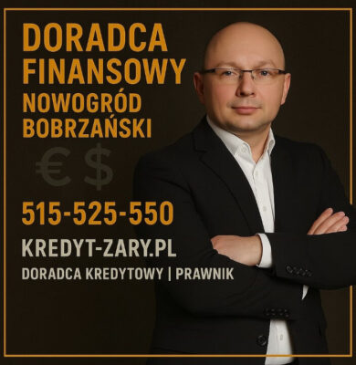 Ekspert finansowy z Nowogrodu Bobrzańskiego po lewej stronie prezentuje dane kontaktowe i ofertę doradztwa finansowego oraz prawnego. Grafika w eleganckiej czarno-złotej stylistyce zawiera numer telefonu 515-525-550 oraz adres kredyt-zary.pl.