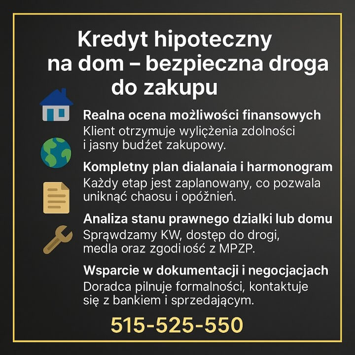 Infografika opisująca, jak doradca kredytowy Trzebiel pomaga bezpiecznie uzyskać kredyt hipoteczny na dom, wylicza realną zdolność kredytową, tworzy plan działania i harmonogram, analizuje stan prawny działki oraz wspiera w kompletowaniu dokumentów i negocjacjach.