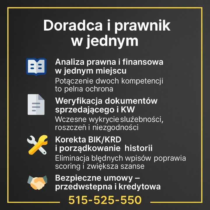 Infografika przedstawiająca, jak doradca kredytowy Tuplice i Trzebiel będący jednocześnie prawnikiem łączy analizę prawną i finansową, weryfikuje dokumenty sprzedającego i księgi wieczyste, koryguje BIK oraz przygotowuje bezpieczne umowy kredytowe dla klientów lokalnie 2026