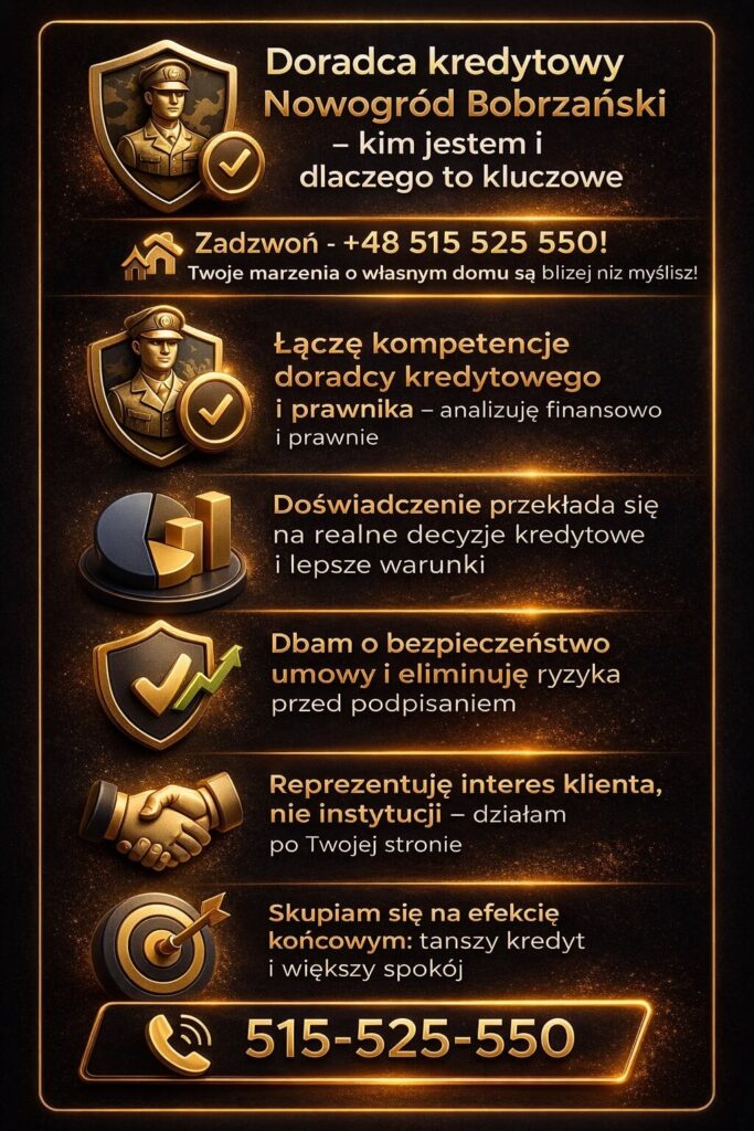 Doradca kredytowy Nowogród – ekspert łączący kompetencje finansowe i prawne, który analizuje zdolność kredytową, porównuje oferty i prowadzi klienta od pierwszego kontaktu aż do podpisania umowy. Skuteczne wsparcie przy kredycie hipotecznym i negocjacjach