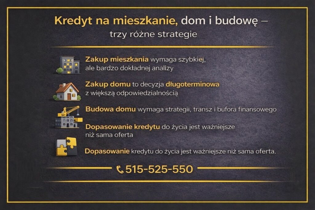 Ekspert kredytowy z Nowogrodu Bobrzańskiego wyjaśniający różnice między kredytem na mieszkanie, zakup domu i budowę domu, podkreślając znaczenie strategii, analizy ryzyka, bufora finansowego oraz dopasowania kredytu hipotecznego do życia klienta