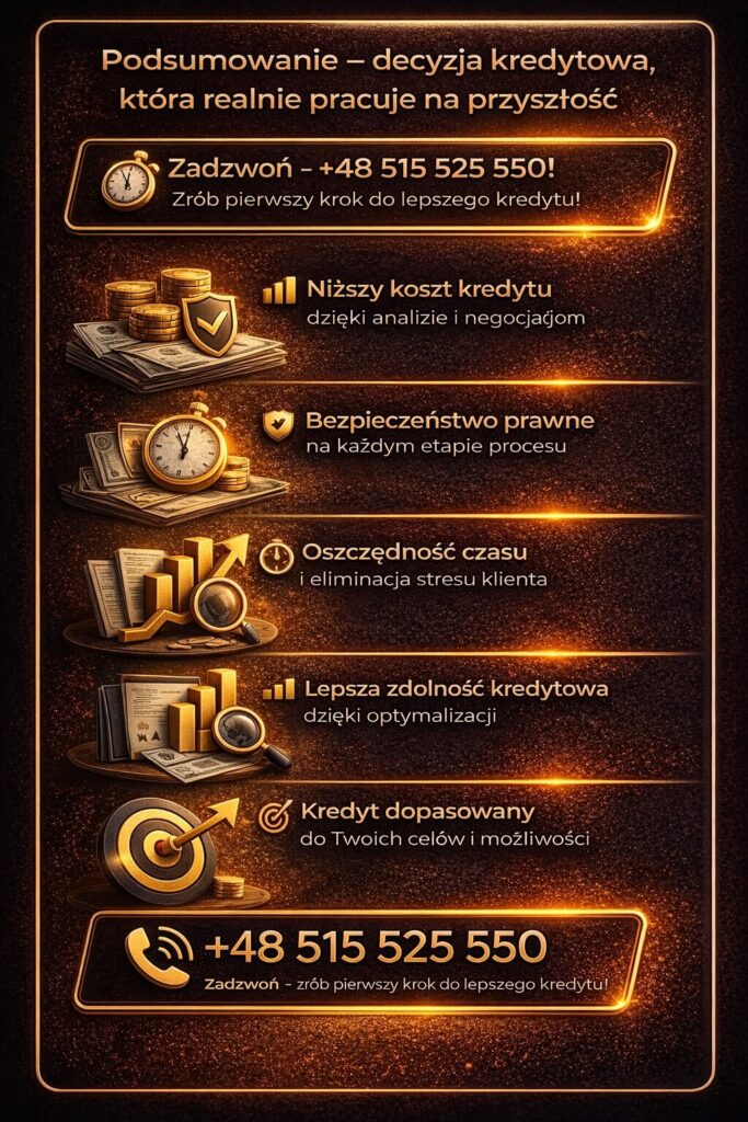 Ekspert kredytowy Nowogród – podsumowanie korzyści współpracy: niższy koszt kredytu hipotecznego, bezpieczeństwo prawne, oszczędność czasu i lepsza zdolność kredytowa. Dopasowanie oferty do potrzeb klienta i stabilność finansowa