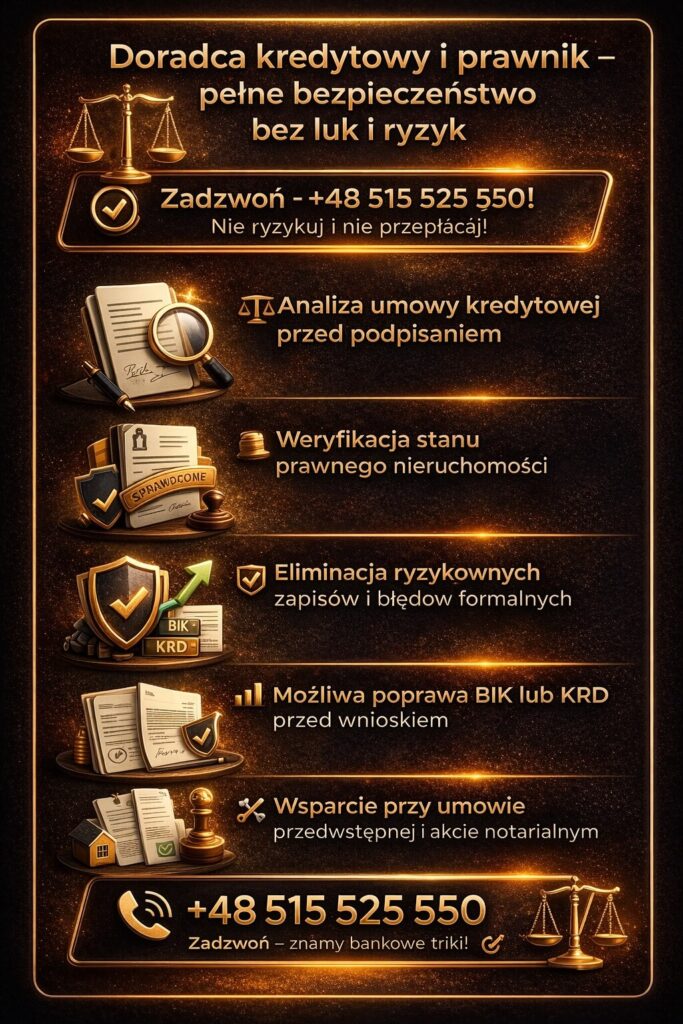 Doradca kredytowy Nowogród – wsparcie prawne zapewniające bezpieczeństwo kredytu hipotecznego. Analiza umowy, weryfikacja stanu nieruchomości, eliminacja ryzykownych zapisów oraz pomoc przy BIK i KRD zwiększają szanse na pozytywną decyzję banku