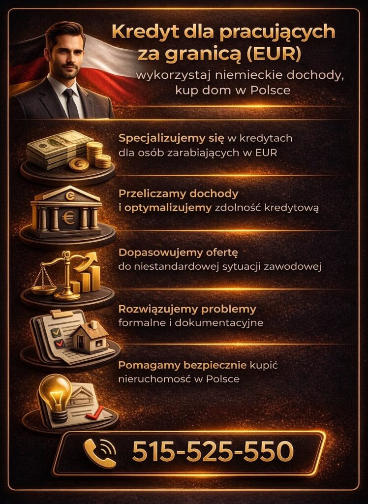 Specjalista kredytowy Tuplice dla osób pracujących za granicą w EUR analizuje dochody, przelicza waluty oraz dopasowuje ofertę kredytową, umożliwiając bezpieczny zakup nieruchomości w Polsce mimo niestandardowej sytuacji zawodowej.