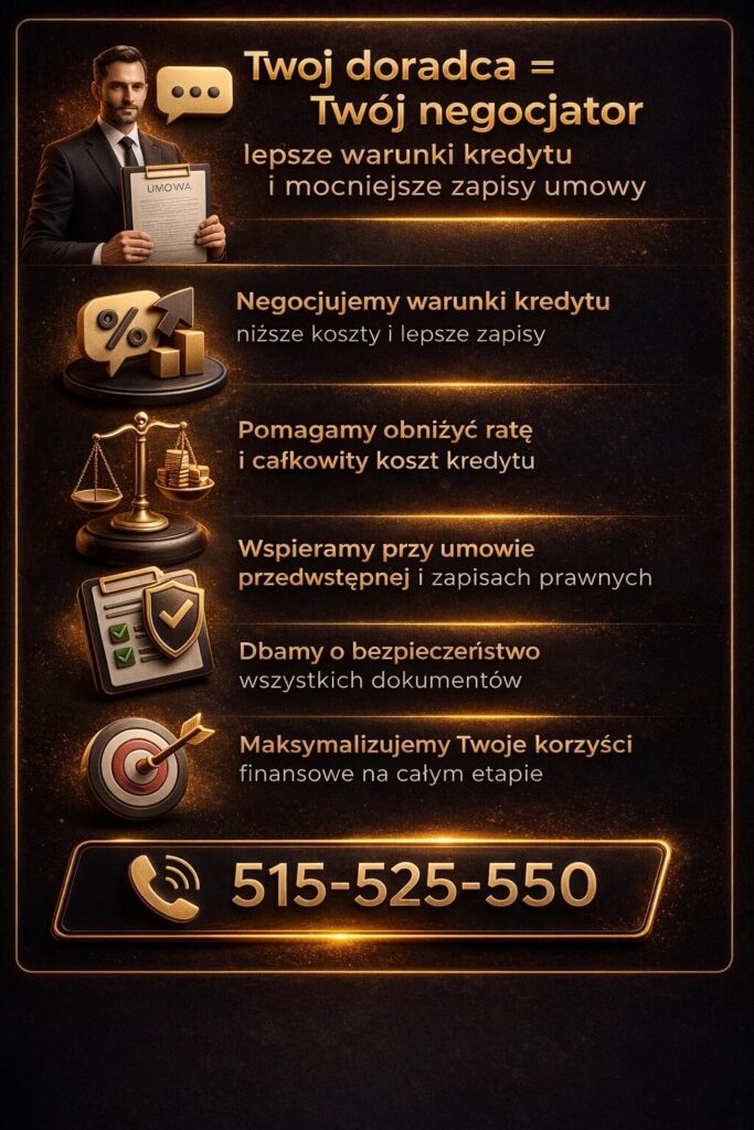 Ekspert finansowy z Tuplic negocjuje warunki kredytu hipotecznego, obniża koszty i poprawia zapisy umowy, zapewniając klientowi lepsze finansowanie oraz wsparcie na każdym etapie procesu – od analizy po podpisanie dokumentów.