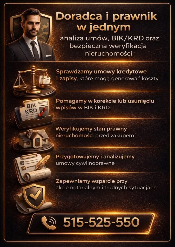 Doradca kredytowy Tuplice działający także jako ekspert prawny analizuje umowy, sprawdza wpisy BIK i KRD oraz weryfikuje stan nieruchomości, co daje klientowi realną ochronę i większą pewność przy zakupie mieszkania lub domu.