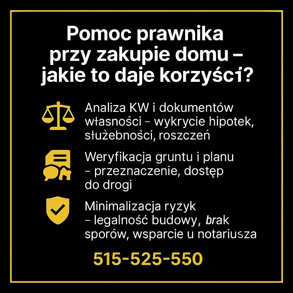 Pomoc prawnika przy zakupie domu Grafika informacyjna na czarnym tle ze złotą ramką: „Pomoc prawnika przy zakupie domu – jakie to daje korzyści?”. Ikony wagi, dialogu i tarczy. Lista: analiza KW, weryfikacja gruntu, minimalizacja ryzyk. CTA 515-525-550. Najlepiej dobrany kredyt hipoteczny – wsparcie prawne.