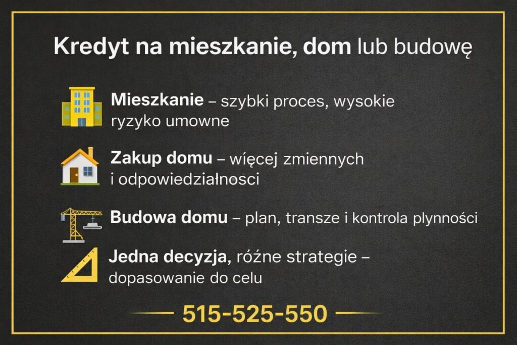 Niezależny ekspert kredytowy wyjaśnia różnice między kredytem na mieszkanie, zakup domu i budowę. Grafika pokazuje ryzyka umowne, większą odpowiedzialność przy domu oraz znaczenie planu i transz przy budowie, podkreślając konieczność dopasowania strategii do celu finansowania.