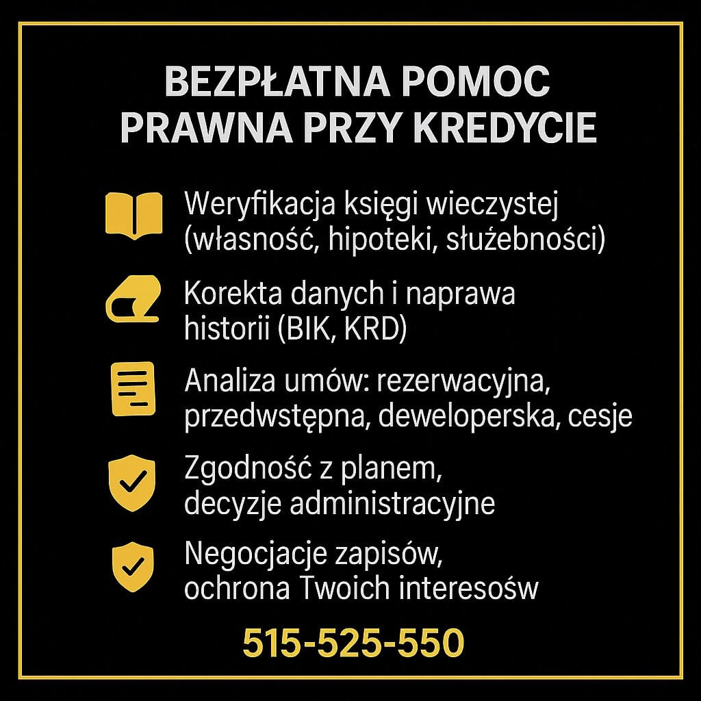 Infografika o bezpłatnej pomocy prawnej przy kredycie: weryfikacja księgi wieczystej, korekta danych BIK/KRD, analiza umów (rezerwacyjna, przedwstępna, deweloperska), zgodność z planem i decyzjami, negocjacje zapisów. Doradca kredytowy Żary, bezpieczeństwo formalne.