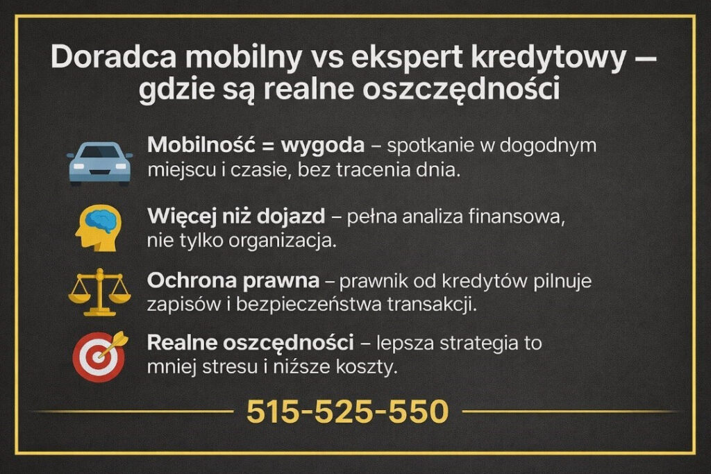 Porównanie doradcy mobilnego i eksperta kredytowego w Żarach. Grafika pokazuje, że ekspert kredytowy Żary oferuje nie tylko mobilność, ale pełną analizę finansową, ochronę prawną i realne oszczędności przy kredycie hipotecznym oraz bezpieczną strategię finansową.