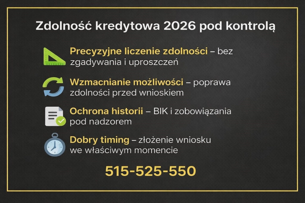 Ekspert finansowy dbający o zdolność kredytową w 2026 roku. Precyzyjne liczenie możliwości, wzmacnianie zdolności przed wnioskiem, ochrona historii BIK oraz właściwy moment złożenia wniosku kredytowego.