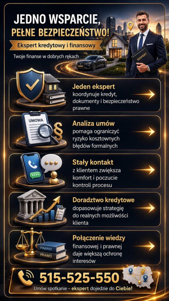 Ekspert kredytowy pomagający w wyborze bezpiecznego finansowania nieruchomości, analizie zdolności kredytowej oraz wsparciu klientów przy kredycie hipotecznym. Grafika przedstawia profesjonalne doradztwo finansowe, ochronę prawną i indywidualne podejście do kredytu na dom lub mieszkanie.