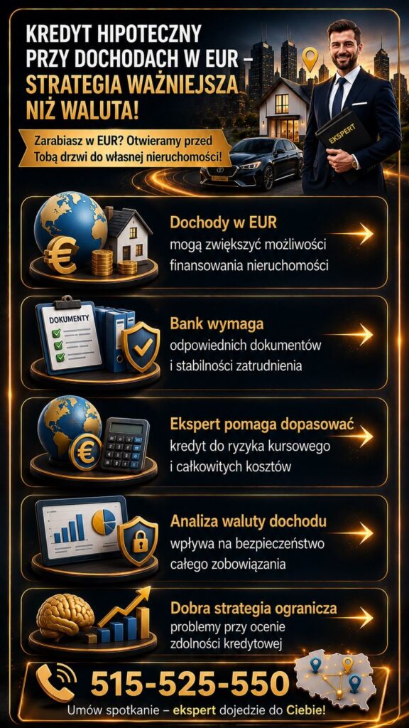 Ekspert kredytowy pomagający osobom osiągającym dochody w EUR przy uzyskaniu kredytu hipotecznego na mieszkanie lub dom. Grafika przedstawia analizę ryzyka kursowego, dokumentów oraz strategii kredytowej dla klientów pracujących za granicą i w Niemczech.
