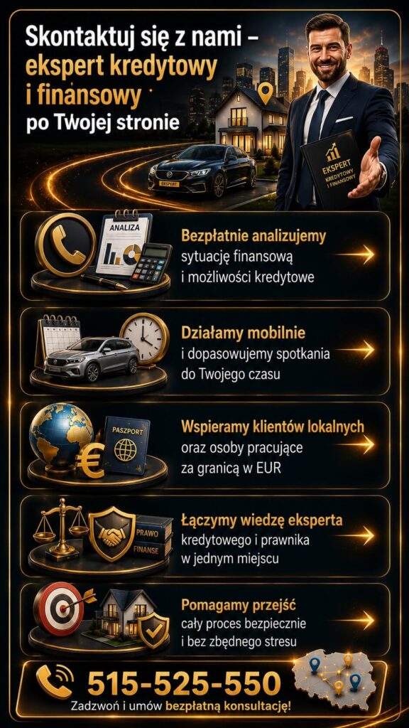 Doradca kredytowy online oferujący bezpłatną analizę finansową, mobilne spotkania oraz wsparcie przy kredycie hipotecznym. Grafika przedstawia kontakt z ekspertem kredytowym, pomoc dla klientów lokalnych i pracujących za granicą oraz indywidualne doradztwo finansowe.