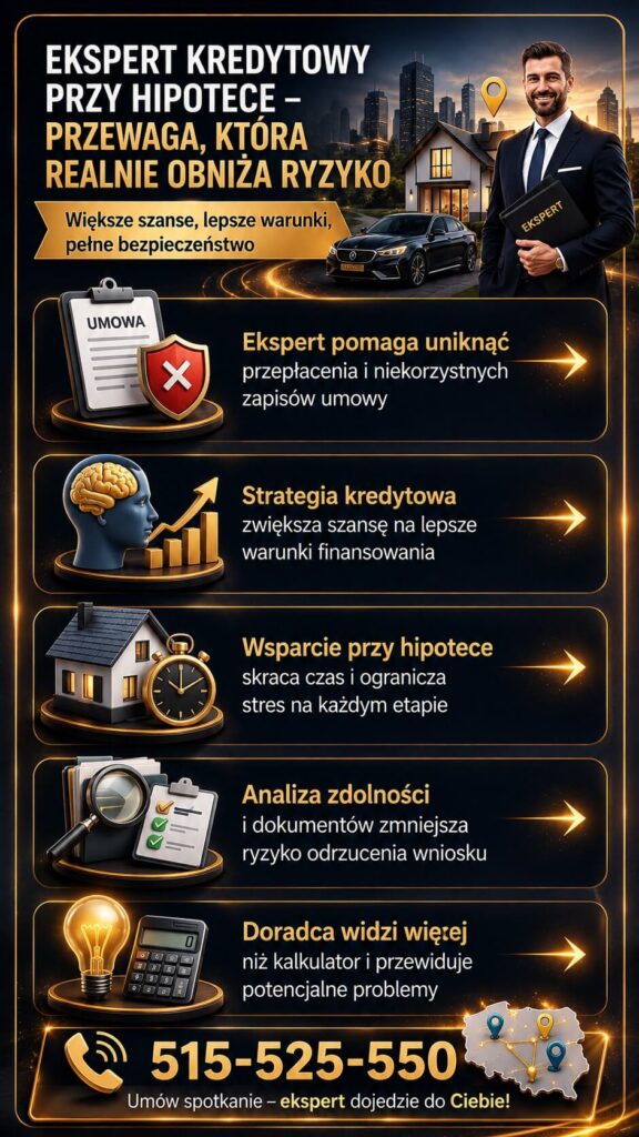 Ekspert kredytowy wspierający klientów przy ważnych decyzjach finansowych, kredytach hipotecznych oraz analizie sytuacji osób pracujących za granicą. Grafika pokazuje pomoc przy budowie domu, poprawie historii BIK i planowaniu bezpiecznej strategii kredytowej dla rodzin.