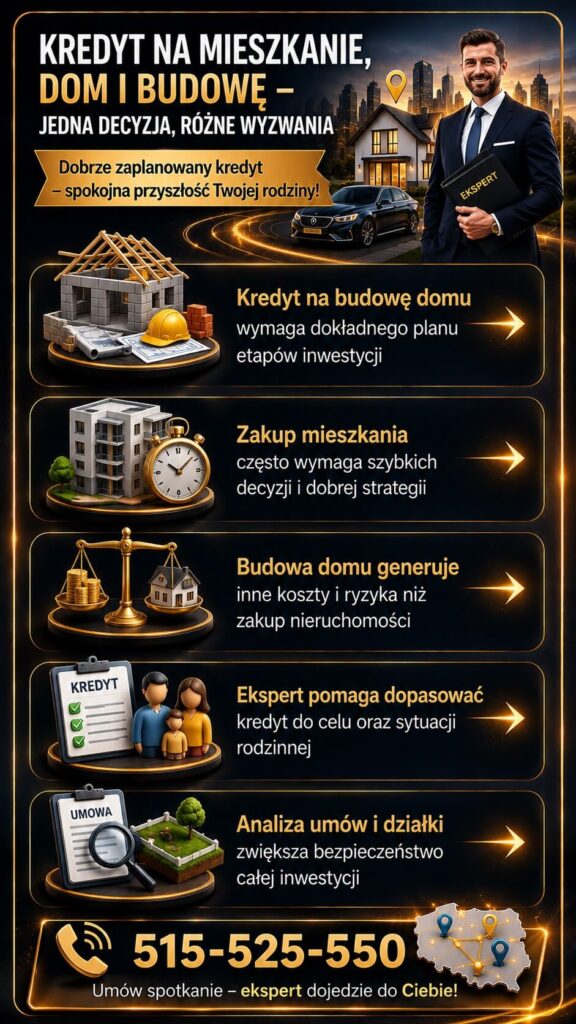 Ekspert kredytowy pomagający w uzyskaniu kredytu na mieszkanie, budowę domu oraz zakup nieruchomości. Grafika przedstawia analizę umów, planowanie inwestycji, wsparcie rodzin przy kredycie hipotecznym oraz bezpieczne finansowanie budowy domu krok po kroku.