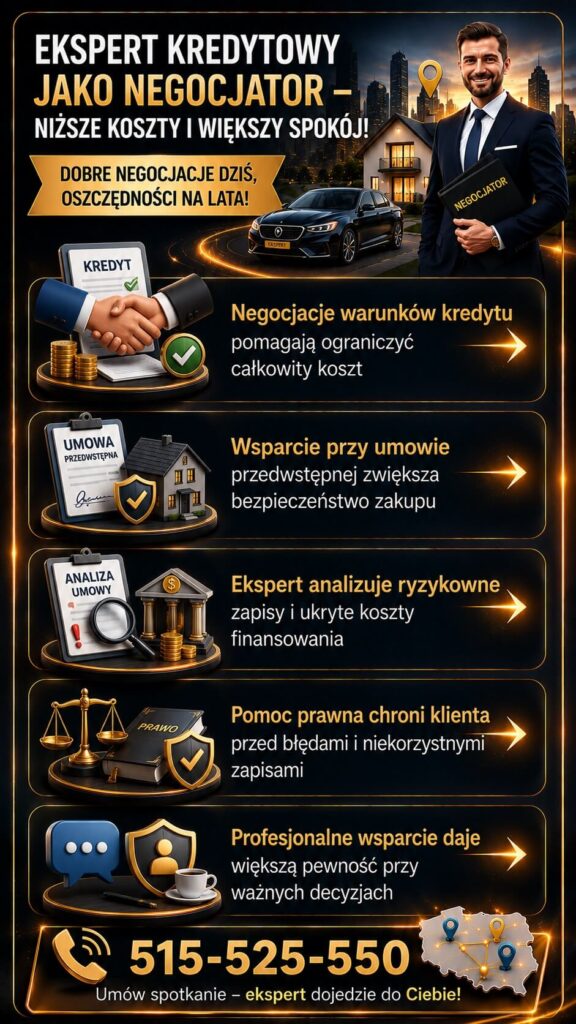 Doradca finansowy negocjujący warunki kredytu hipotecznego i analizujący zapisy umowy pod kątem bezpieczeństwa klienta. Grafika pokazuje wsparcie prawne przy zakupie nieruchomości, ograniczanie kosztów kredytu oraz profesjonalne doradztwo finansowe dla rodzin i inwestorów.
