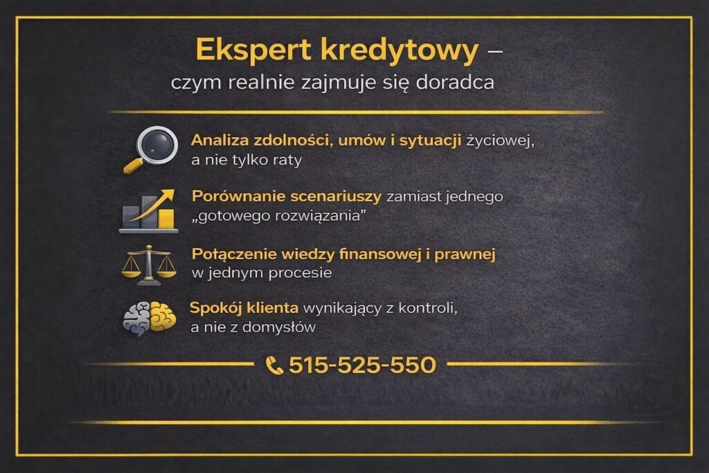 Ekspert kredytowy Nowogród Bobrzański prezentujący zakres doradztwa kredytowego, obejmujący analizę zdolności kredytowej, porównanie scenariuszy finansowych, połączenie wiedzy finansowej i prawnej oraz zapewnienie klientowi spokoju i kontroli nad procesem kredytowym