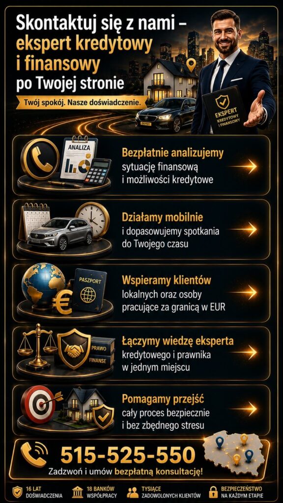 Ekspert finansowy odpowiadający na najczęstsze pytania dotyczące kredytu hipotecznego, zdolności kredytowej i finansowania nieruchomości. Grafika przedstawia profesjonalne wsparcie klientów przy analizie dokumentów, wyborze kredytu oraz bezpieczeństwie całego procesu zakupu.